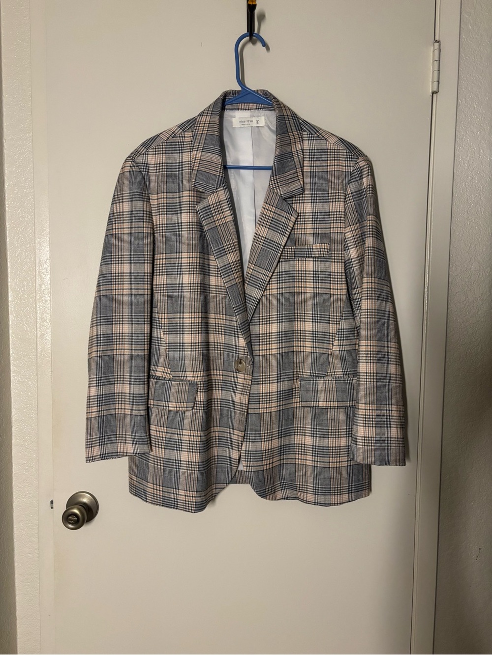 MISS LOVE Women Plaid Single Button Blazer, Size Small - Grey & Tan